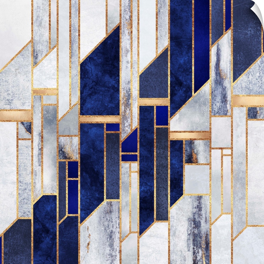 A contemporary, geometric, art deco design in shades of grey and blue. The shapes are outlined in gold.