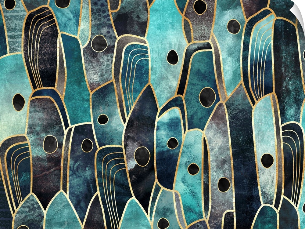 Vertical, organic shapes in shades of blue, turquoise, aqua and grey outlined in gold.