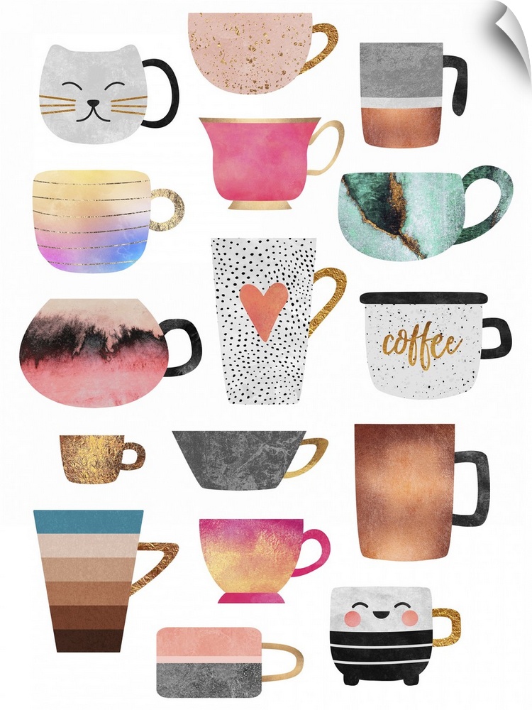 A collection of differently shaped coffee mugs featuring different patterns and textures, including a cat face, a heart an...