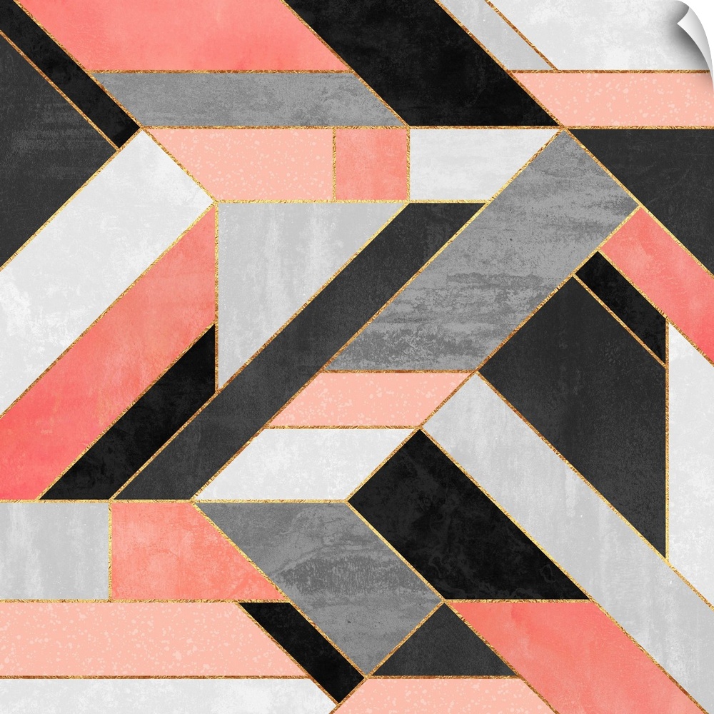 A contemporary, geometric, diagonal art deco design in shades of grey, pink, white and gold.
