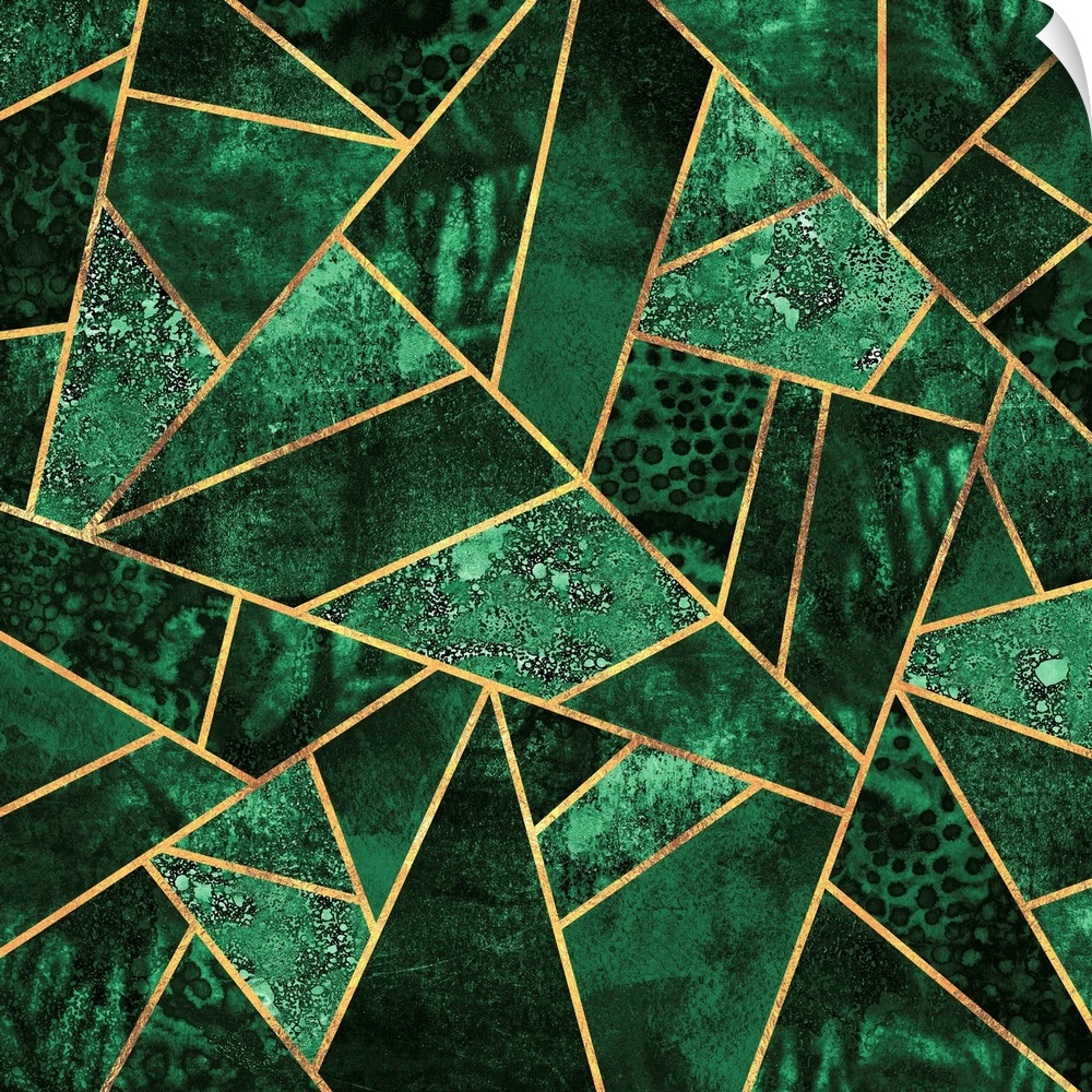 A contemporary, geometric, art deco design in shades of green. The shapes are outlined in gold.