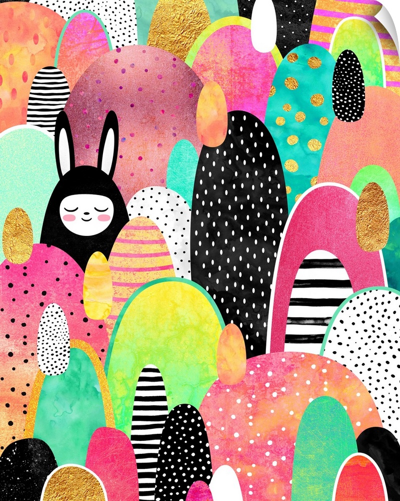 Organic oval shapes in shades of pink, turquiose, black and white with gold accents. One of the shapes is a smiling bunny.