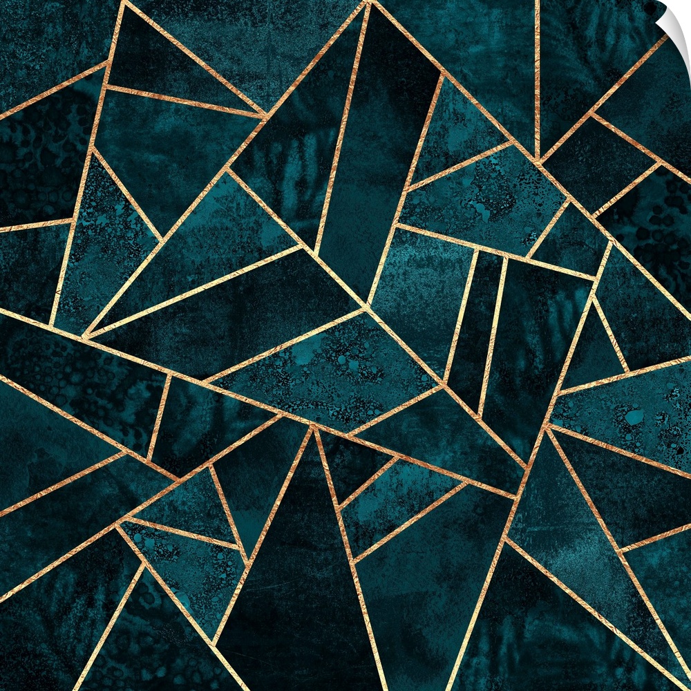 A contemporary, geometric, art deco design in shades of dark teal. The shapes are outlined in gold.