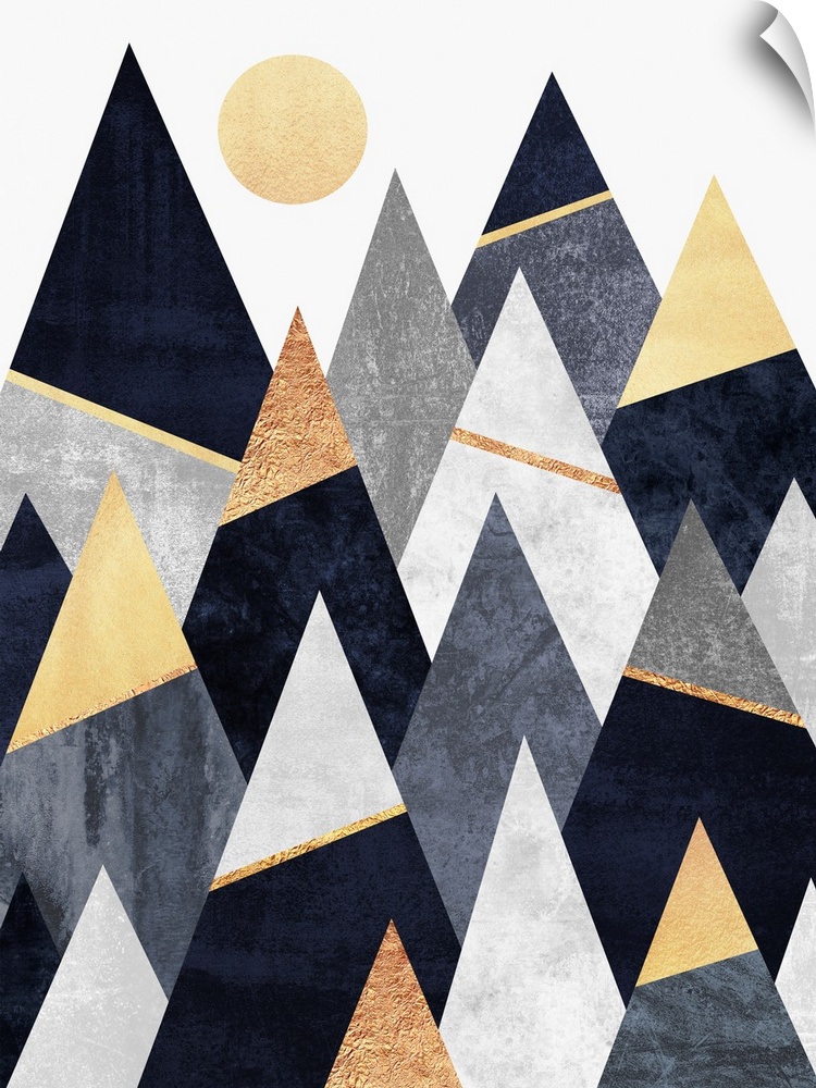 A simple geometric interpretation of triangular mountains in shades of grey, ivory and gold  beneath a gold-colored sun.