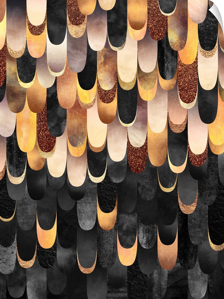 Overlapping scales in shades of copper, rose gold, grey and black form a feather design