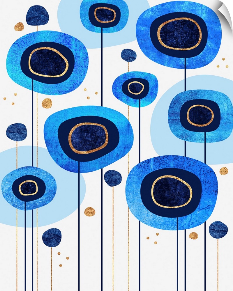 Rounded, organic shapes in shades of blue and gold represent flowers on tall straight stems.
