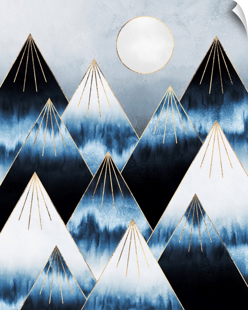 A simple geometric interpretation of triangular mountains in shades of  ivory and indigo blue  beneath a white moon.