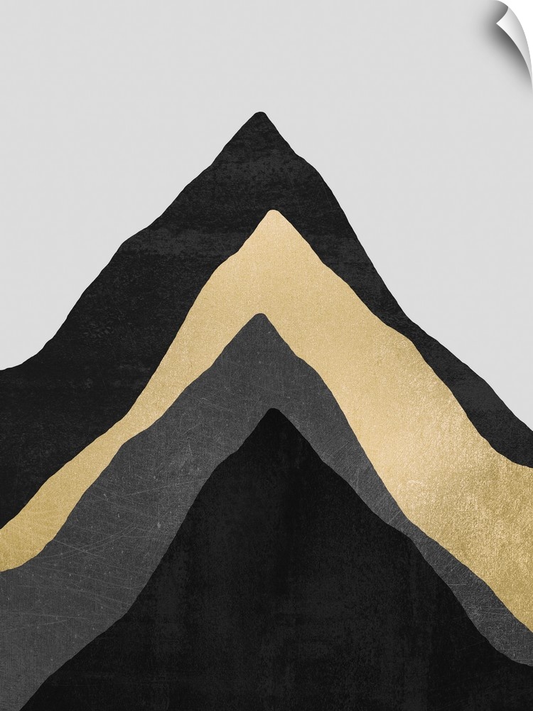 Four overlapping, organic triangular shapes in shades of black, grey and gold, representing a series of mountains under an...