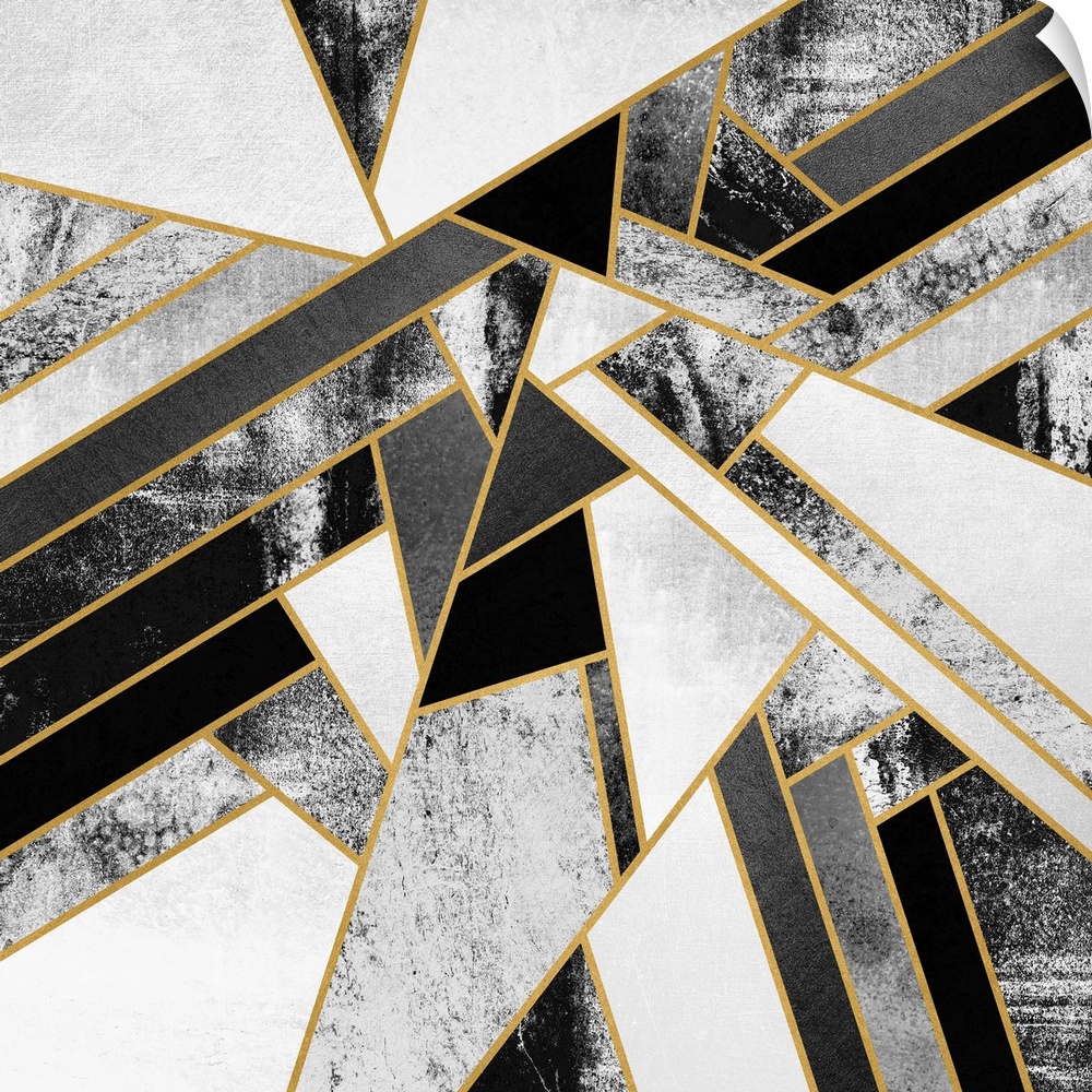 A contemporary, geometric, diagonal art deco design in shades of grey. The shapes are outlined in gold.