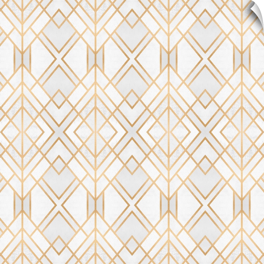 A geometric, ikat-type design in shades of white and grey, outlined in gold lines.