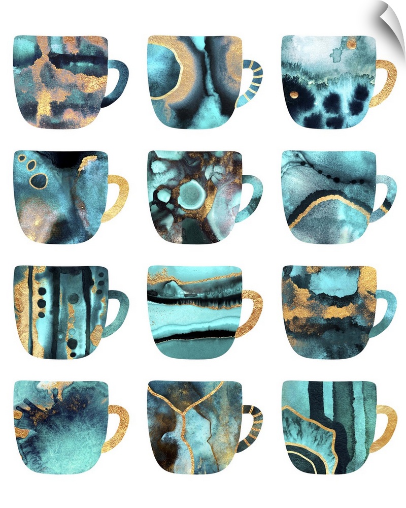 A collection of same-shaped coffee mugs featuring different patterns and textures, in turquoise, teal, gold and indigo sha...