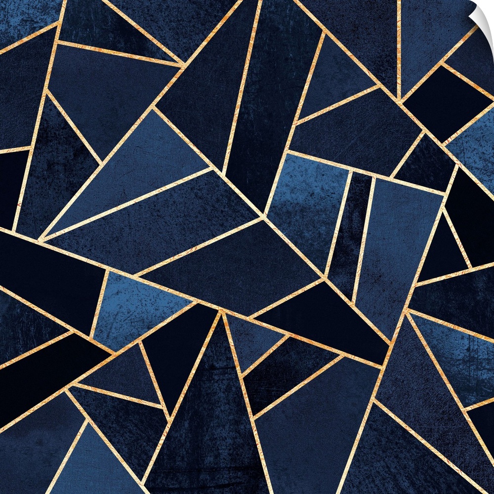 A contemporary, geometric, diagonal art deco design in shades of indigo. The shapes are outlined in gold.
