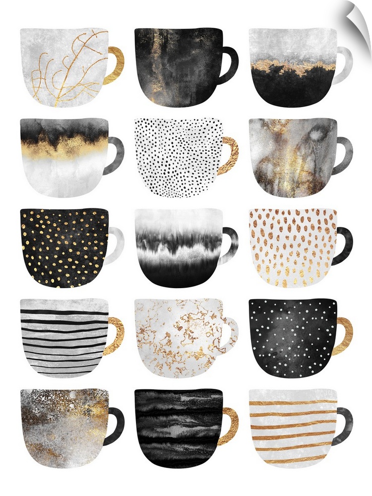 A collection of differently shaped coffee mugs featuring different patterns and textures, in shades of black, ivory, grey ...