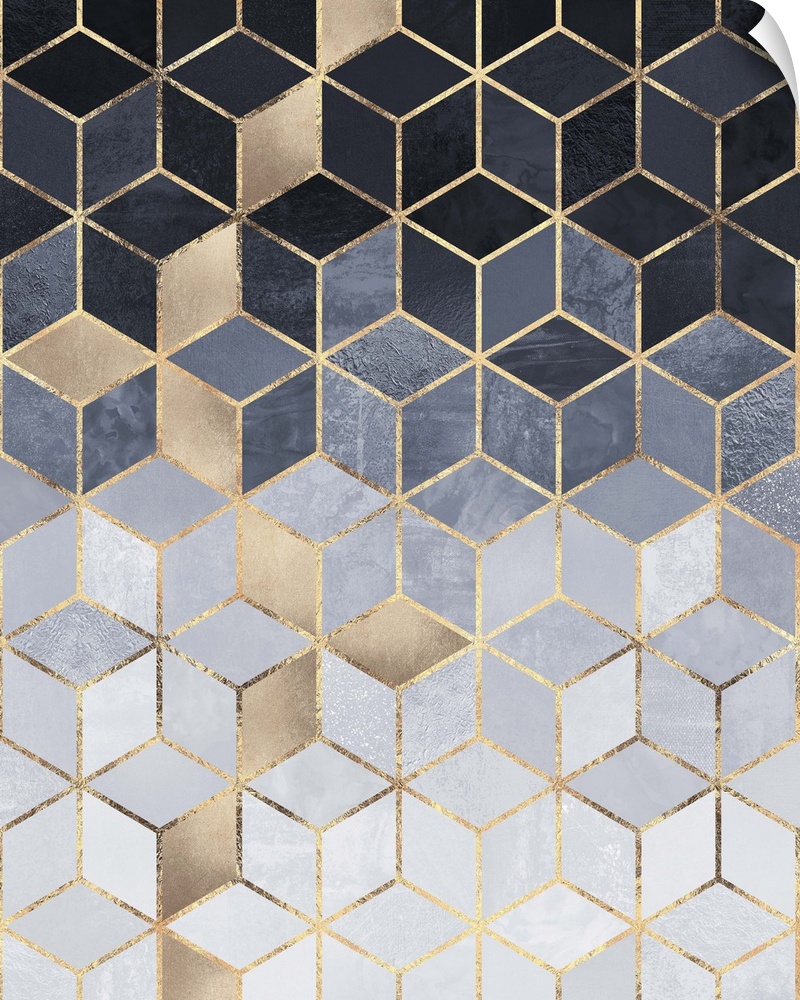 A contemporary, geometric, art deco design in shades of grey, gold, white and blue. The shapes are outlined in gold and su...