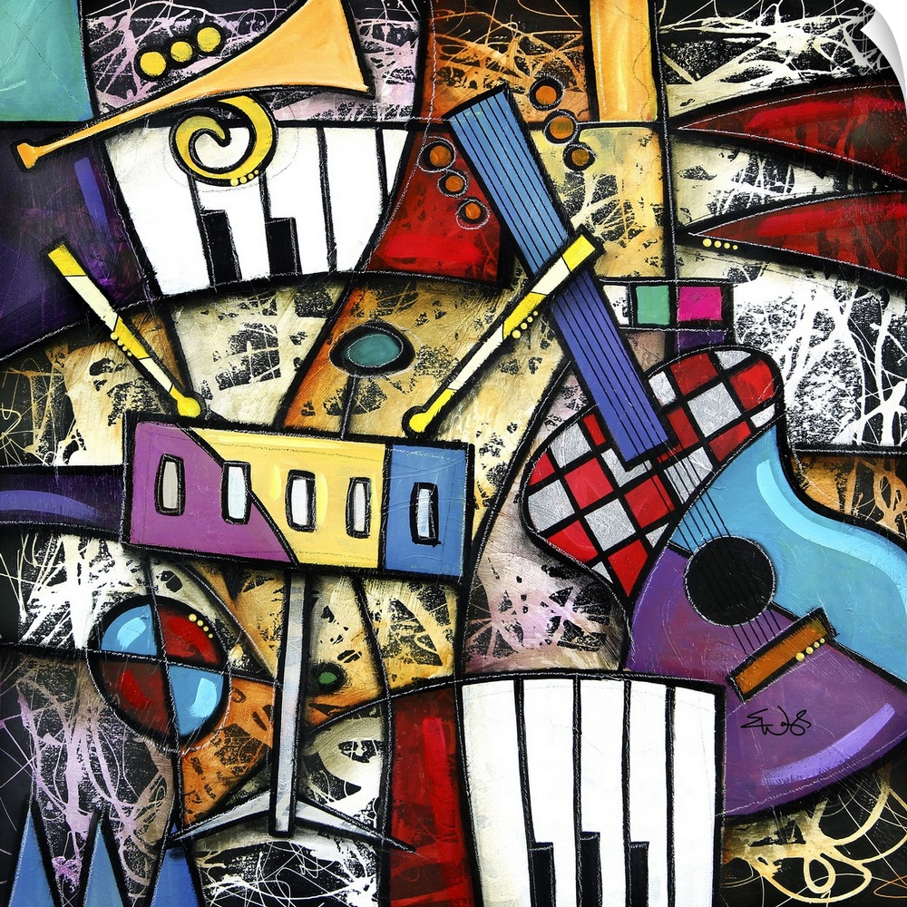 Large, square contemporary artwork of a vibrant grouping of various musical instruments, including a guitar, piano, and tr...