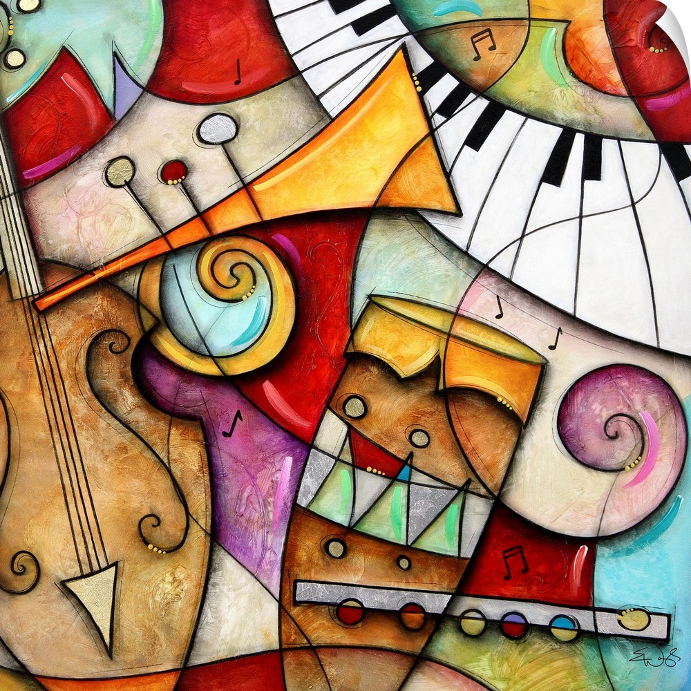 Musical instruments that have been elongated and abstracted into a contemporary painting on a square shaped canvas.