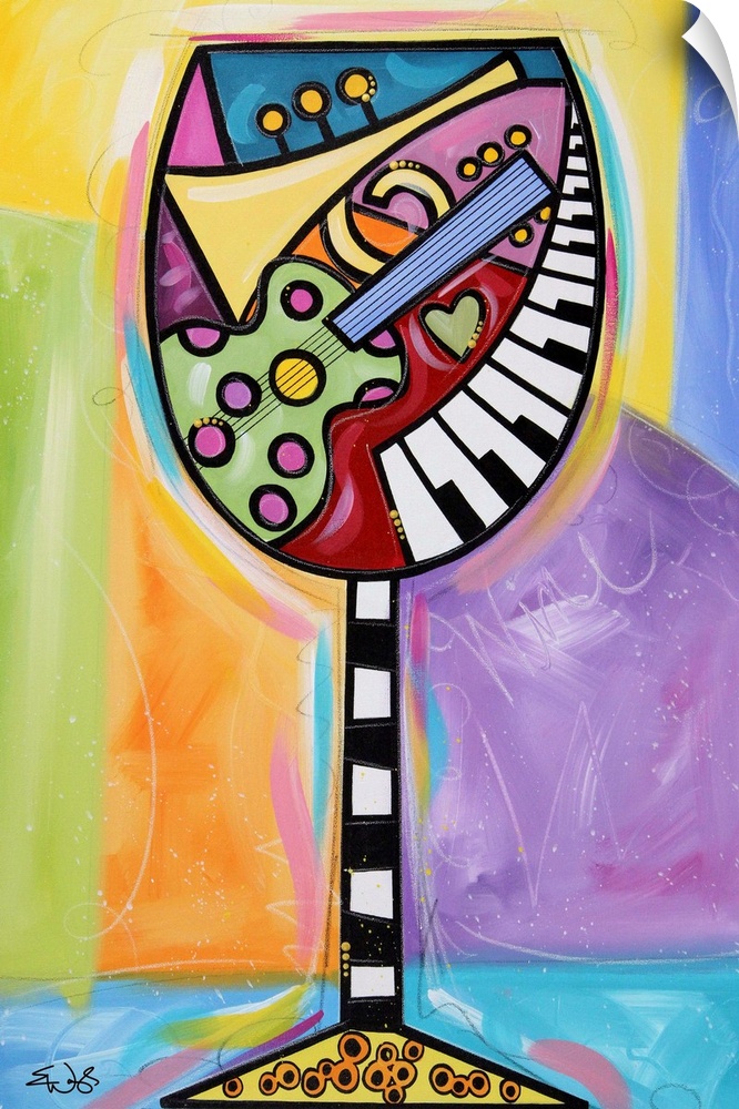 Giant, vertical contemporary painting of a large wine glass full of colorful shapes and musical instruments such as a guit...