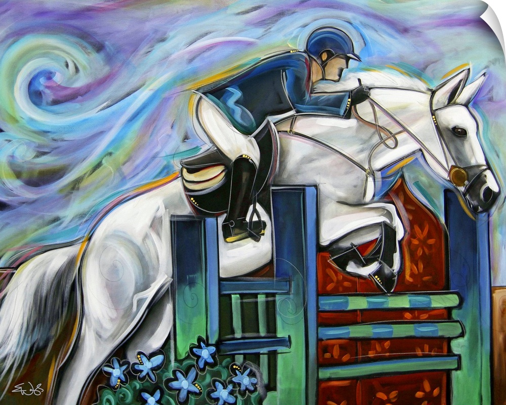 Contemporary painting of a rider jumping a white horse over a green fence.