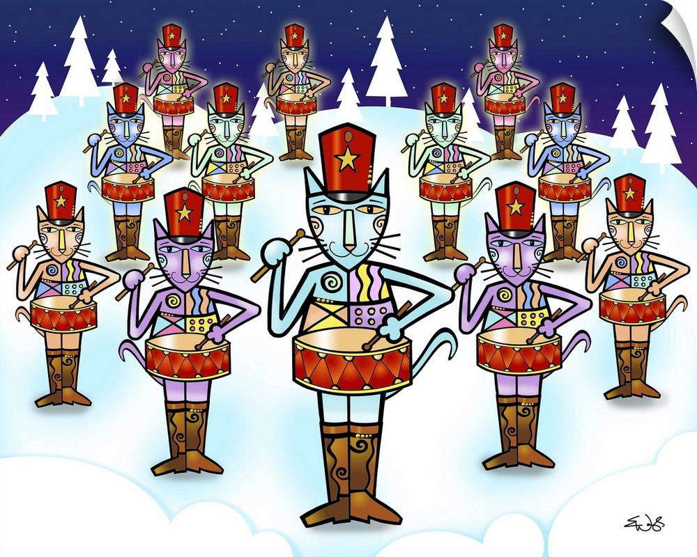 Twelve percussion-playing felines in matching outfits and cowboy boots stand in formation on a snowy hill in this whimsica...