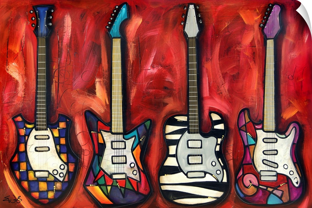 This contemporary artwork has four different types of guitars lined up all with unique designs on a deep red background.