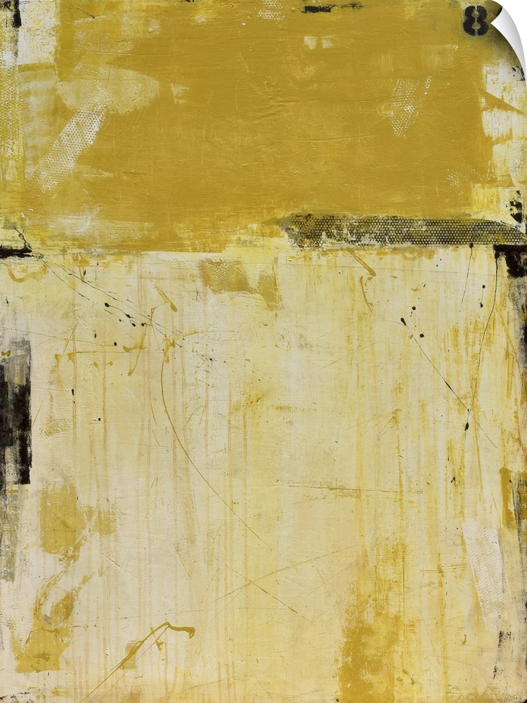 A contemporary abstract painting using two tones of yellow meeting face to face.