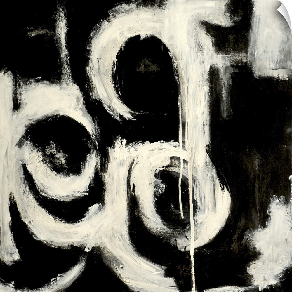 Contemporary abstract painting of lightly colored curves and lines resembling letters against a dark background.