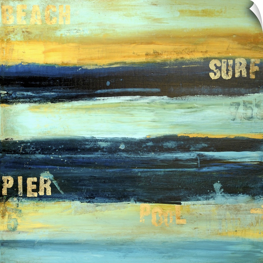 Square abstract painting with stenciled beach words over top.