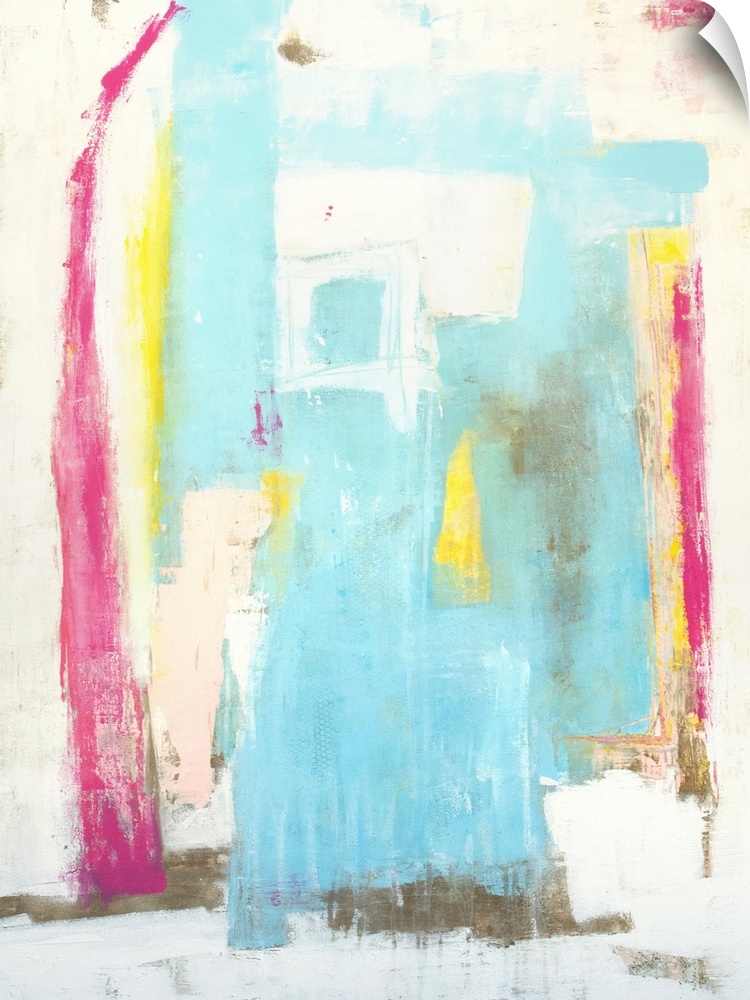 Abstract contemporary artwork in summery pastel shades of pink and blue.