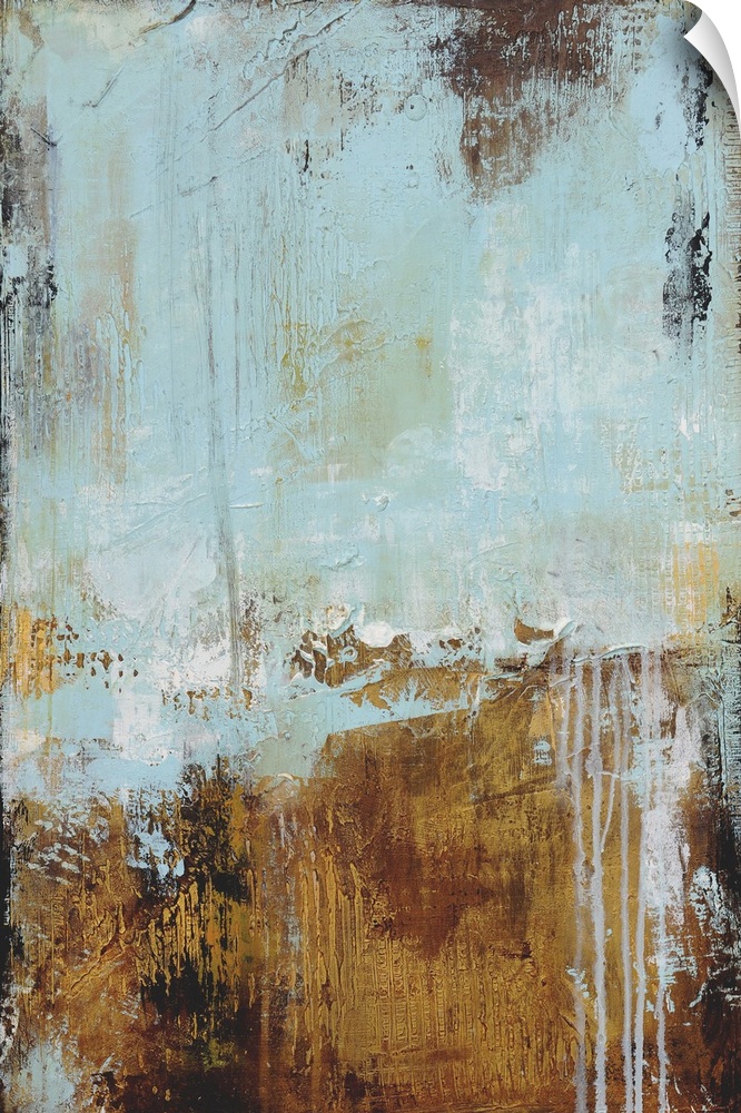A heavily textured abstract painting of a pale blue and earthy brown colors with pallet creases and paint drips throughout.