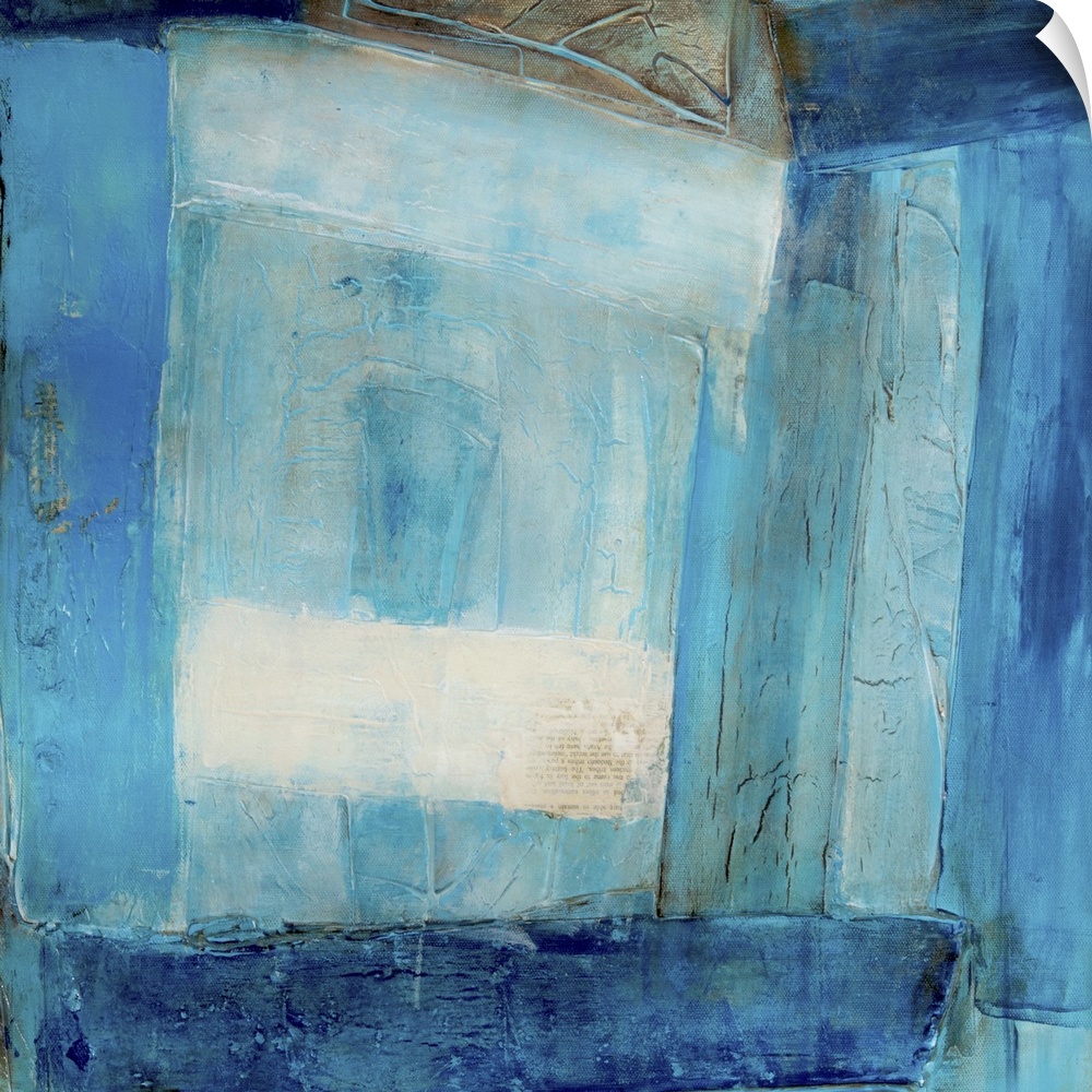 Abstract contemporary art print in color blocks of varying shades of deep blue.