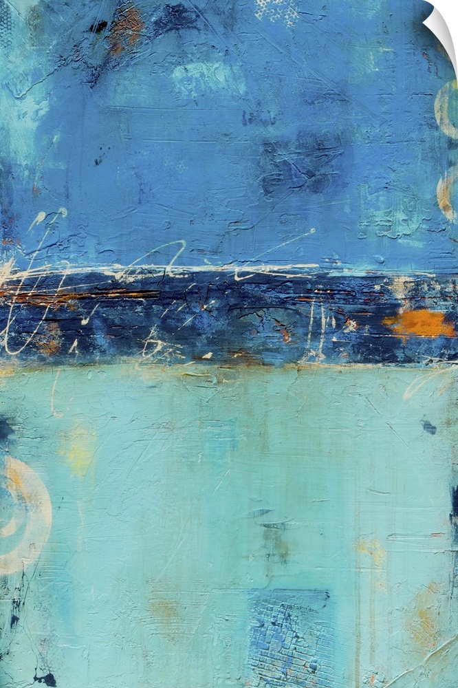 Contemporary abstract painting in shades of blue and teal, with small ring shapes.
