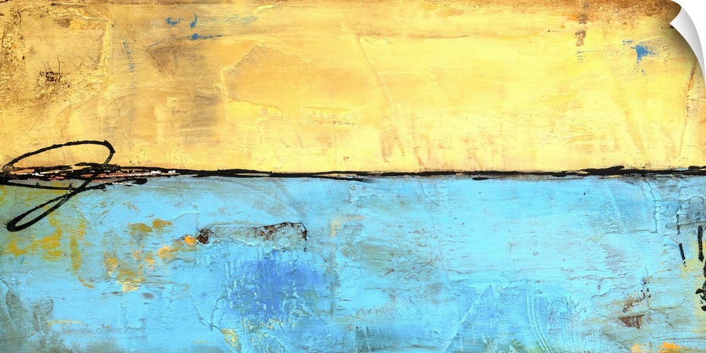 Horizontal abstract painting split into two sections of light blue and yellow with heavy distressing and paint drips throu...
