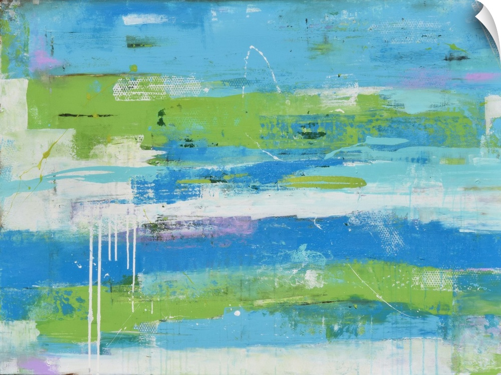 Contemporary abstract painting using blues and greens in a horizontal swiping motion.