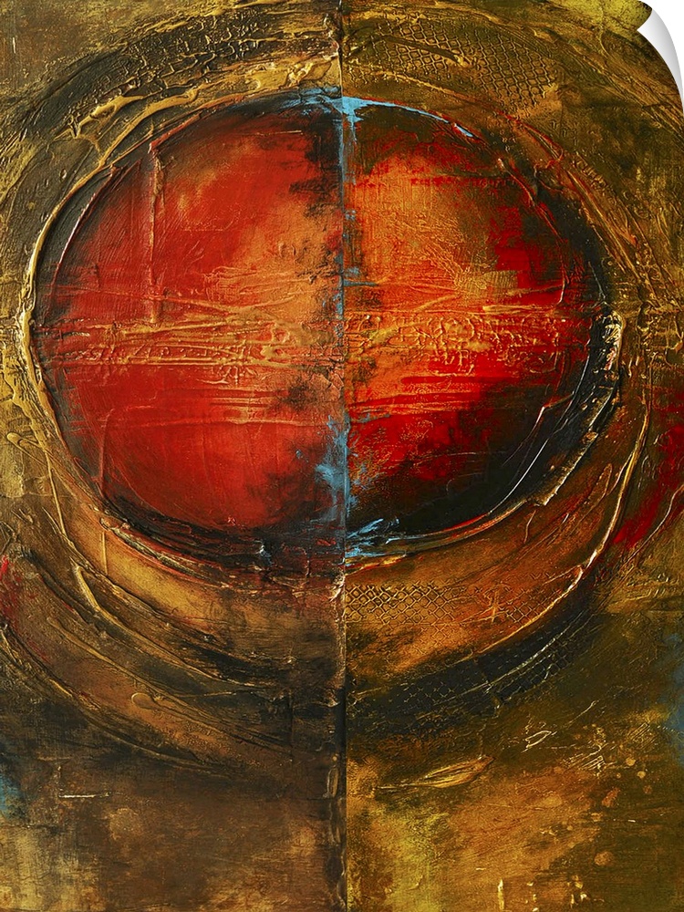 Vertical contemporary painting on a giant canvas of a fiery circle encased by a golden, rounded shape.  Painted with thick...