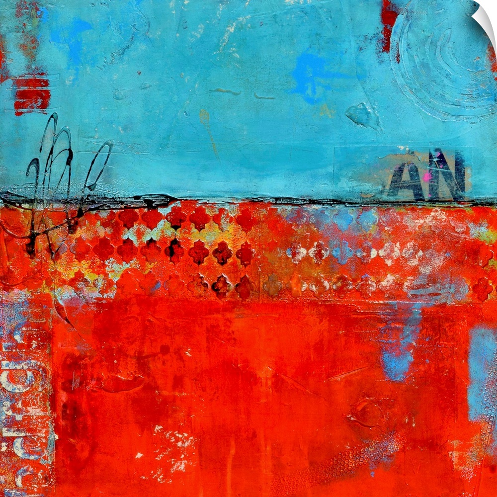 Contemporary abstract painting of a color-field of weathered blue and red, with partially concealed diamond pattern.