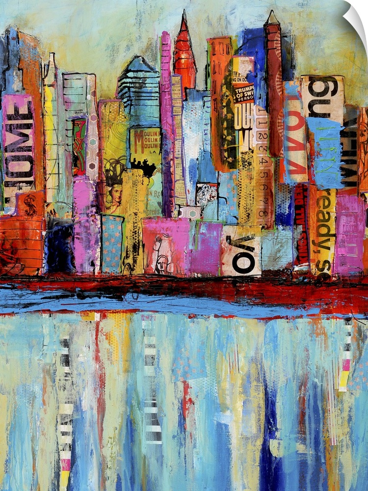 Contemporary art piece that uses different colors and patches to create a city skyline which softly reflects in the body o...