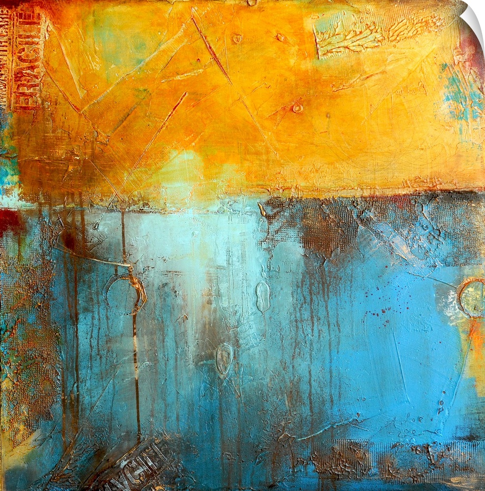 A contemporary abstract painting using a golden yellow and light blue meeting together like two walls.
