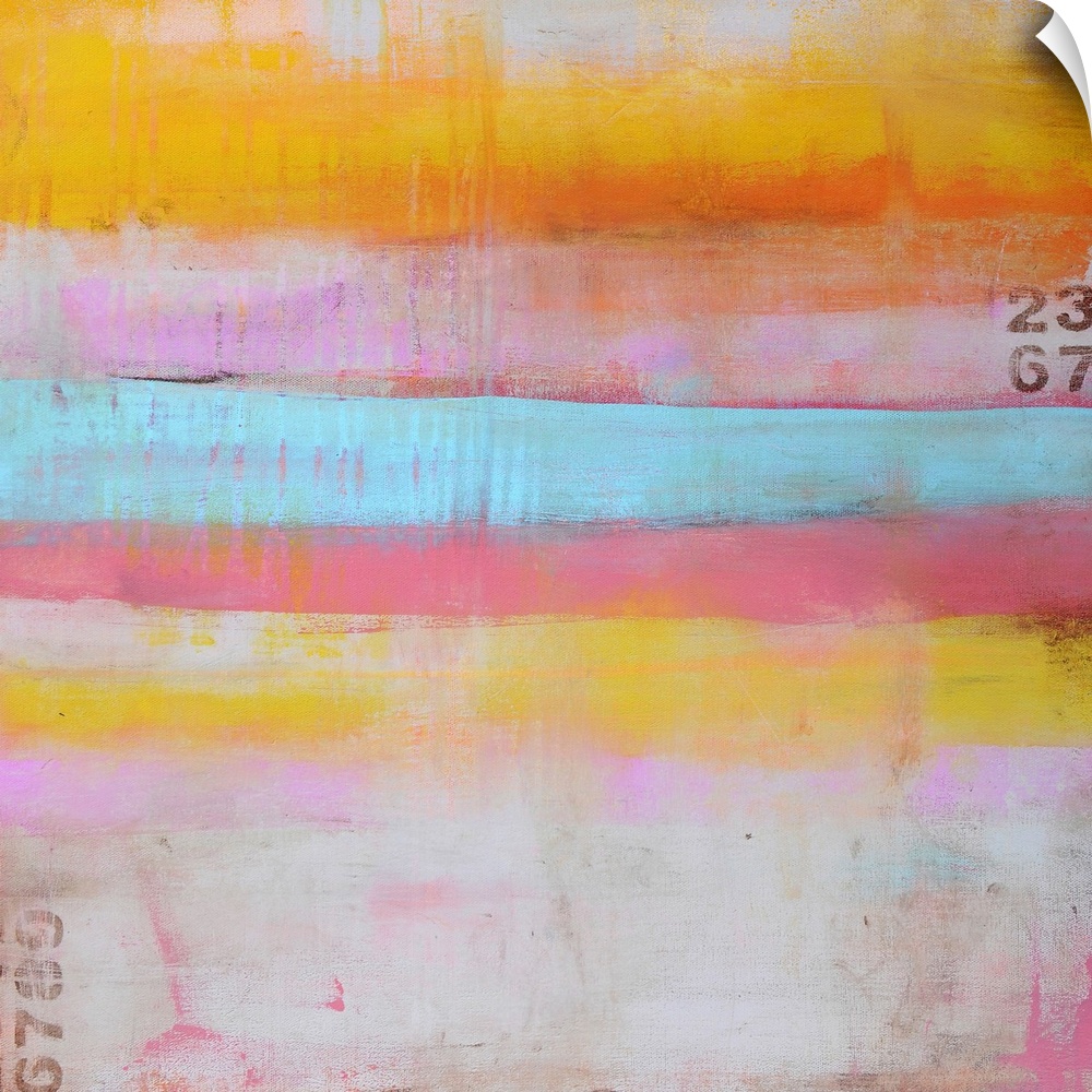 An abstract painting on a square shaped canvas of horizontal stripes of pastel colors, sanded paint textures, and sanded n...