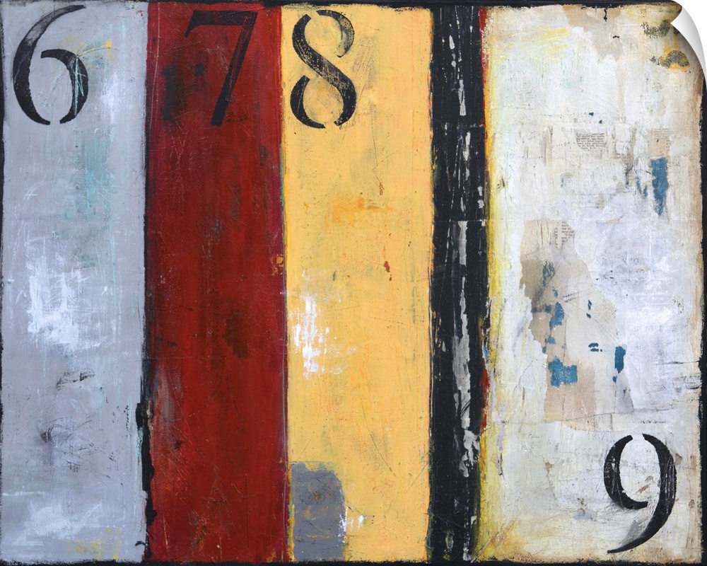 A contemporary abstract painting with grey, red, yellow and black vertical panels and the number 6, 7, and 8 located at th...
