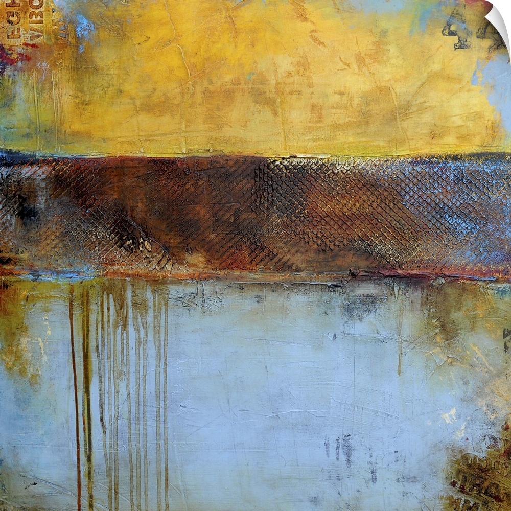 Contemporary abstract painting of a color-field of weathered yellow brown and pale blue tones.