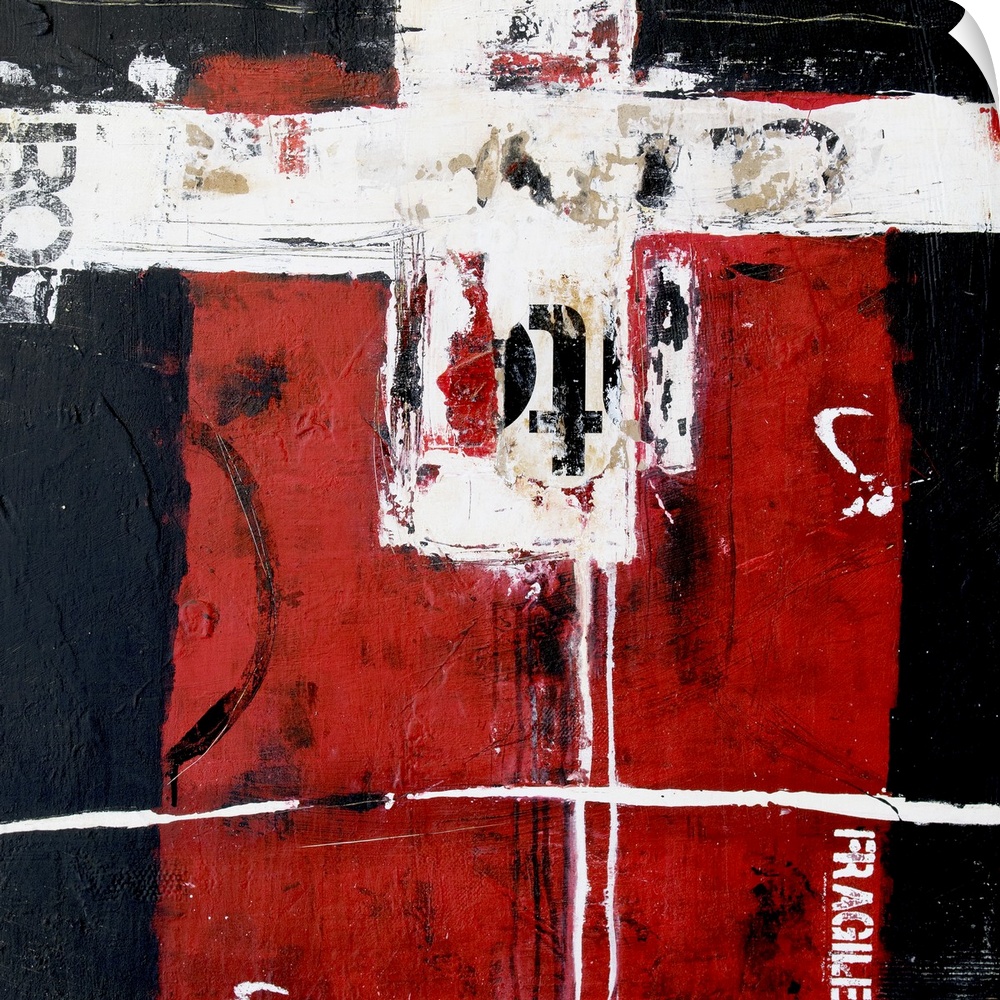 A square contemporary abstract painting that has a black and dark red background displaying a white crossroad at the top a...