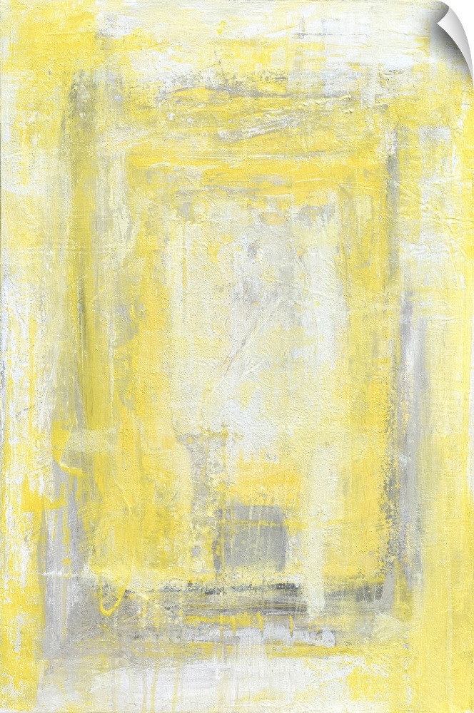 A contemporary abstract painting using pale yellow and white in concentric boxes.