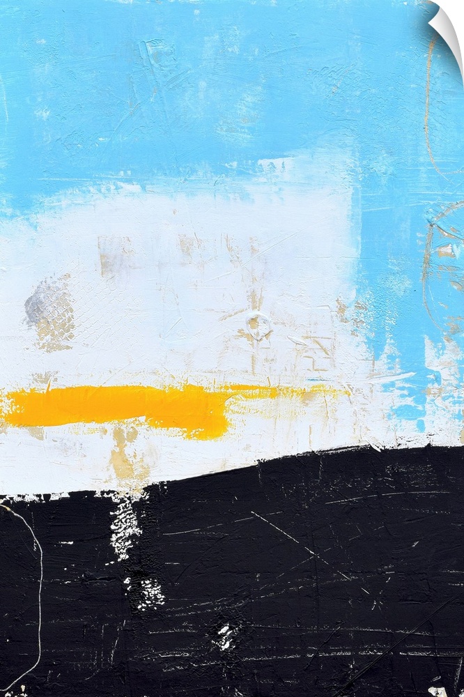 A contemporary abstract painting using light blue, white and black with a pop of yellow.