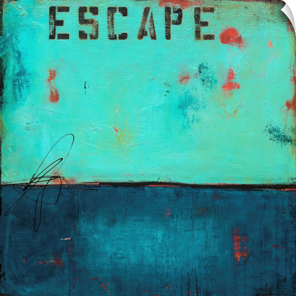 Square abstract art created in shades of blue with pops of red throughout and the word "Escape" stenciled at the top.