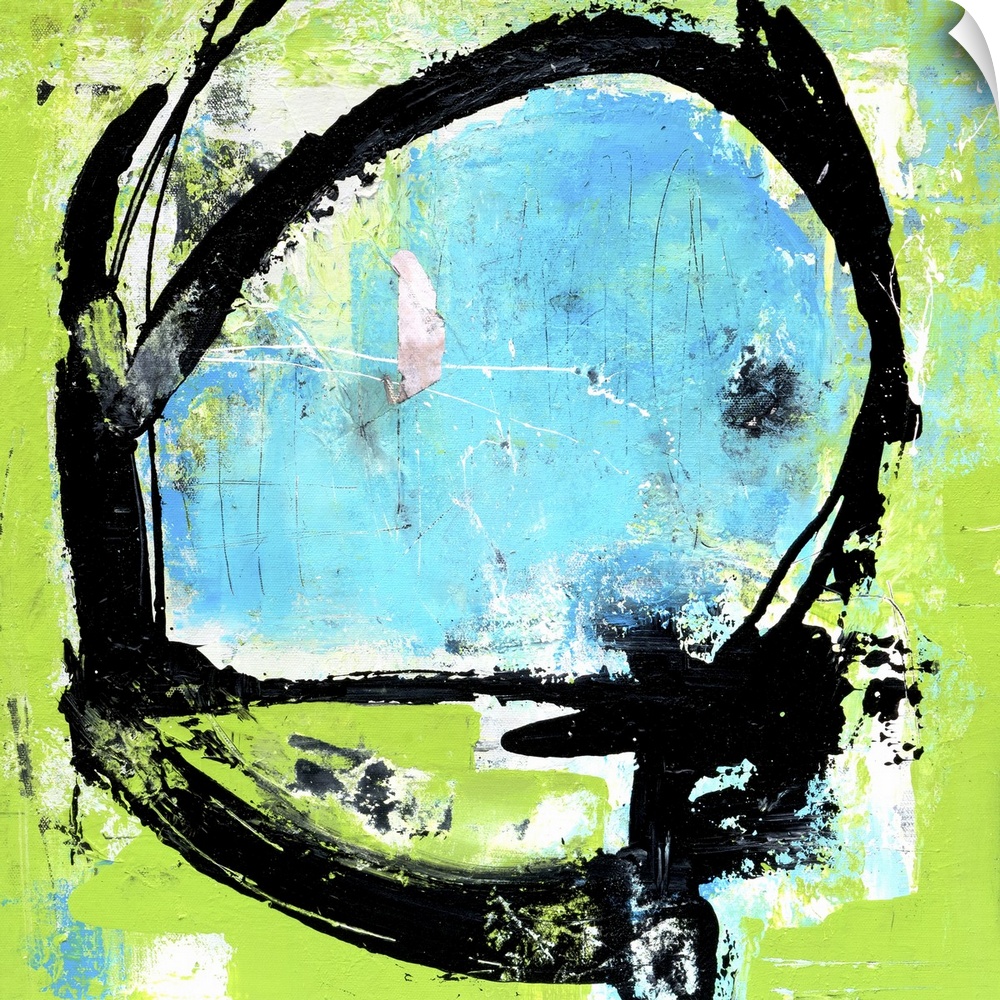 Contemporary abstract artwork in teal and bright green with bold black lines.