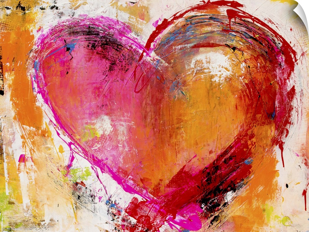 A contemporary abstract painting of a multi-colored heart that contains warm, bright, and vibrant colors from top to bottom.