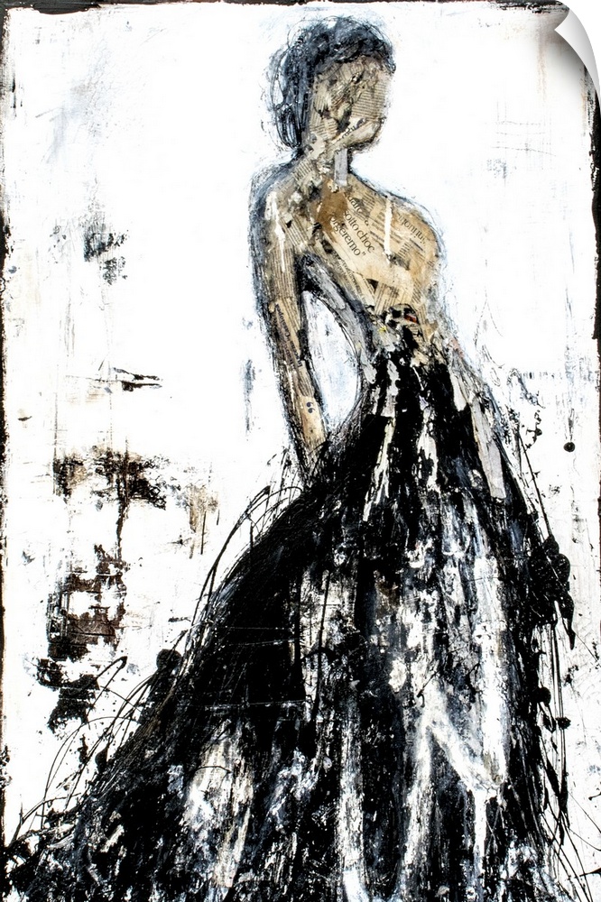 Abstract painting of a faceless woman in a long black gown with a tan body created with cut up pieces of paper, all on a d...