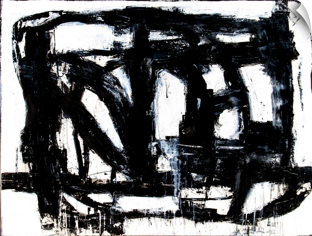 A black and white abstract painting of bold, black brush strokes going in different directions and overlapping.