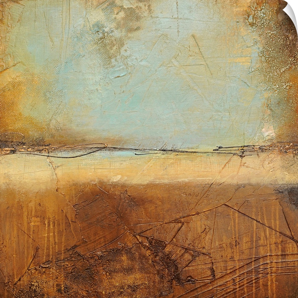 Giant abstract art composed of two rectangular sections of distressed earth tones stacked on top of one another.  Artist u...