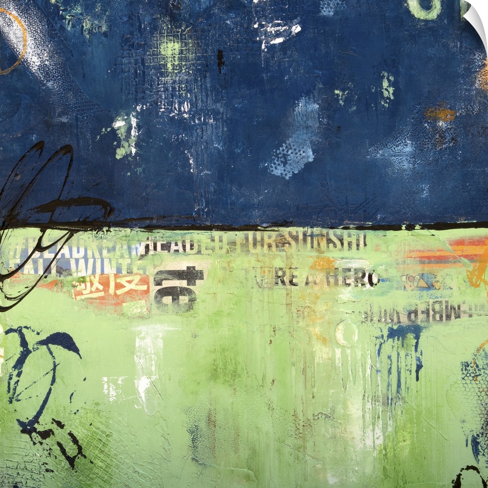 Contemporary abstract artwork in navy blue and light green, with found lettering.